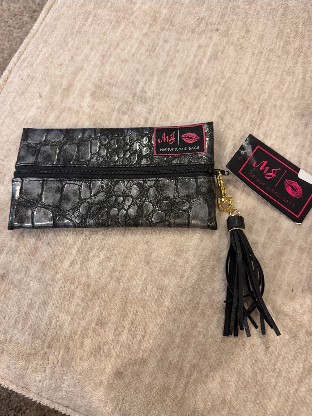 BN Makeup Junkie Black Croc-Embossed Cosmetic Pouch with Tassel
